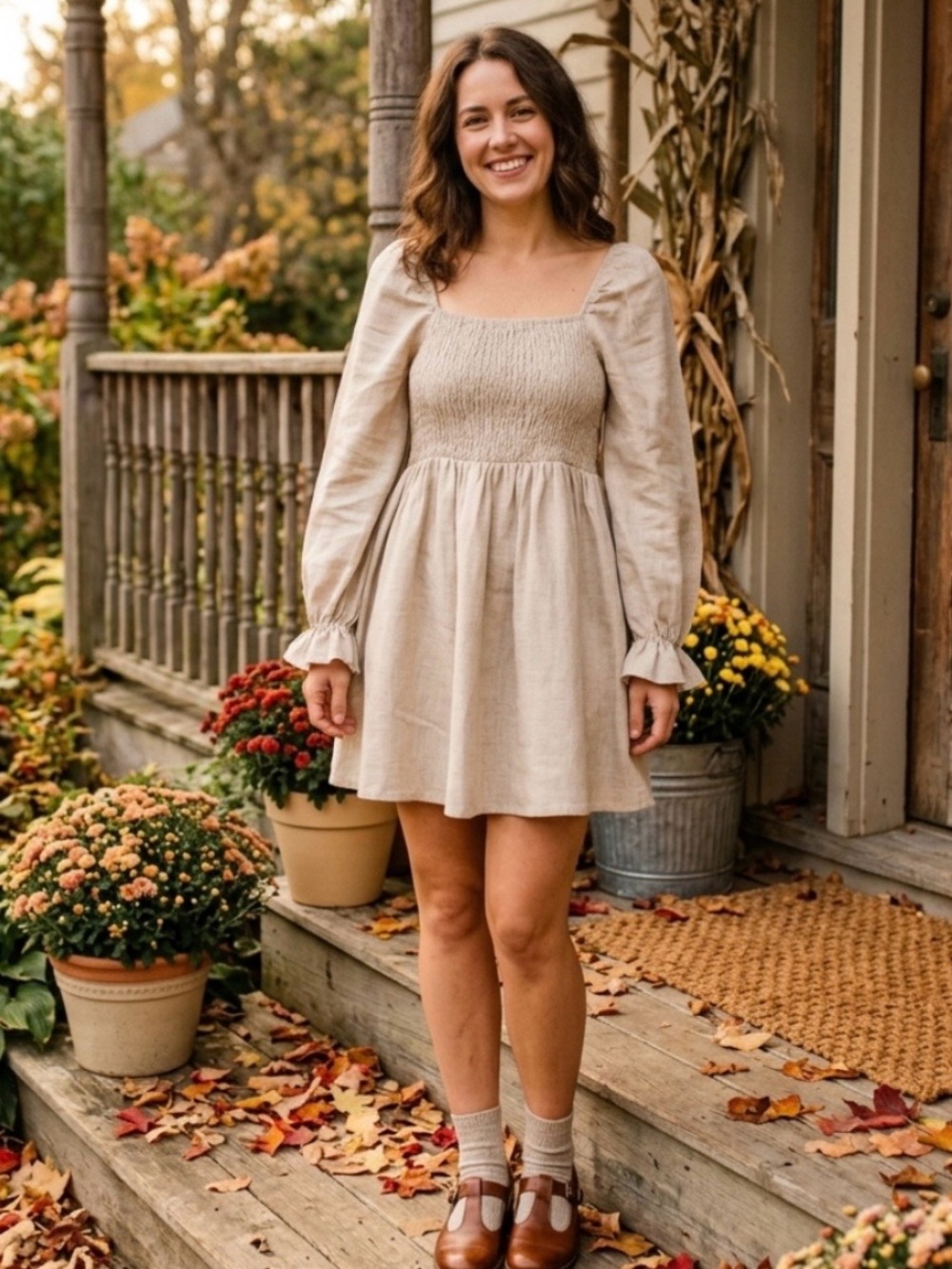 In the Beginning Oatmeal Beige Linen Cotton Smocked Peasant Milkmaid Midi Dress